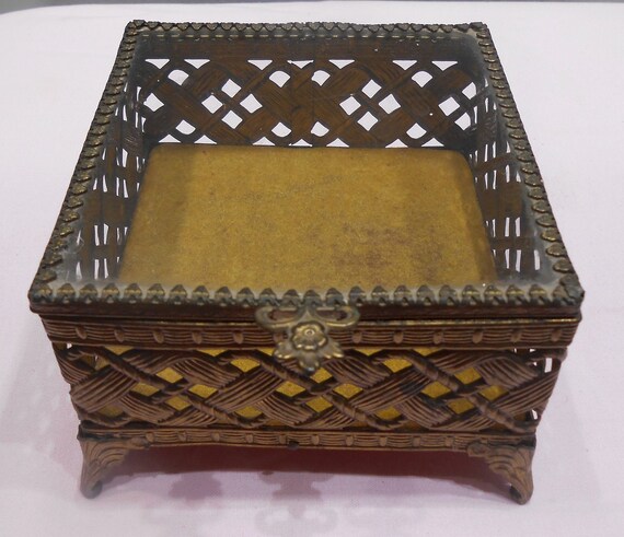 Vintage Woven Brass Metal Footed Jewelry Box Keep… - image 6