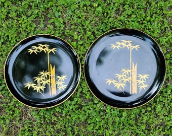Chinese Asian Black Lacquer Round Bamboo Plates Platters