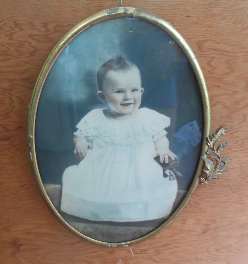 Antique Tinted Baby Photo Metal Decorative Oval Ornate Brass Frame Hand Tinted Colored White Dress Smiling Nursery Picture Wall Hanging image 3