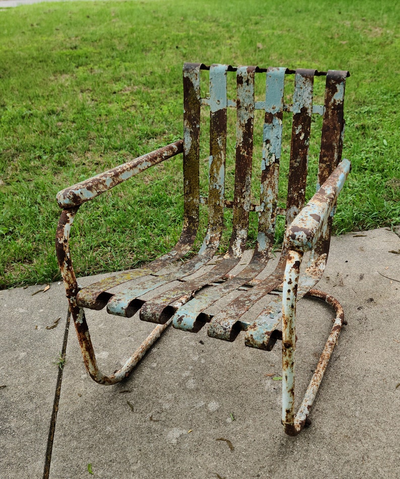 Vintage Cantilever Metal Industrial Lawn Chair Layers of Chippy Paint Yard Art Garden Porch Patio Decor image 3