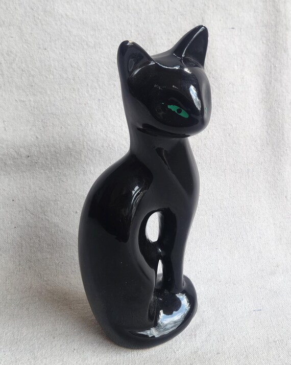 Vintage Ceramic Black Cat Figurine: Green Eye Mantle Decor
