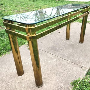 Modernist Rounded Brass Console Table Glass Top 1980s Home Decor