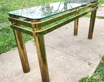 Modernist Rounded Brass Console Table Glass Top 1980s Home Decor