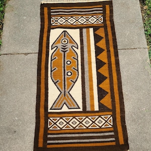 Handmade 26 x 53 Woven Wool Rug Zapotec Fish Tribal Ethnic Wall Art Tapestry