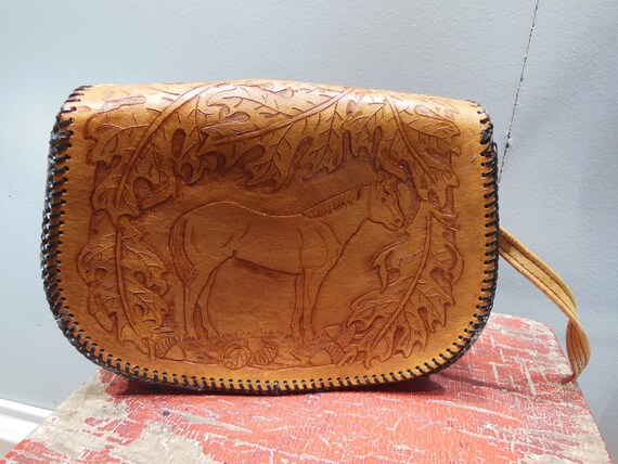 Vintage Handmade Hand Tooled Leather Purse Horse Equine Equestrian 