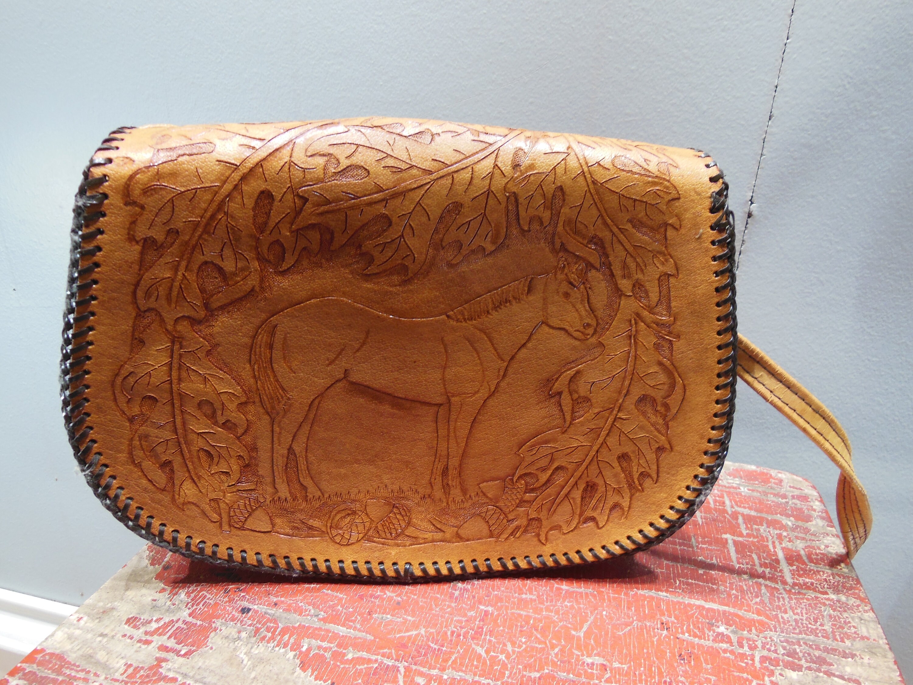 Vintage Handmade Hand Tooled Leather Purse Horse Equine Vintage Handmade Hand Tooled Leather Purse Horse Equine