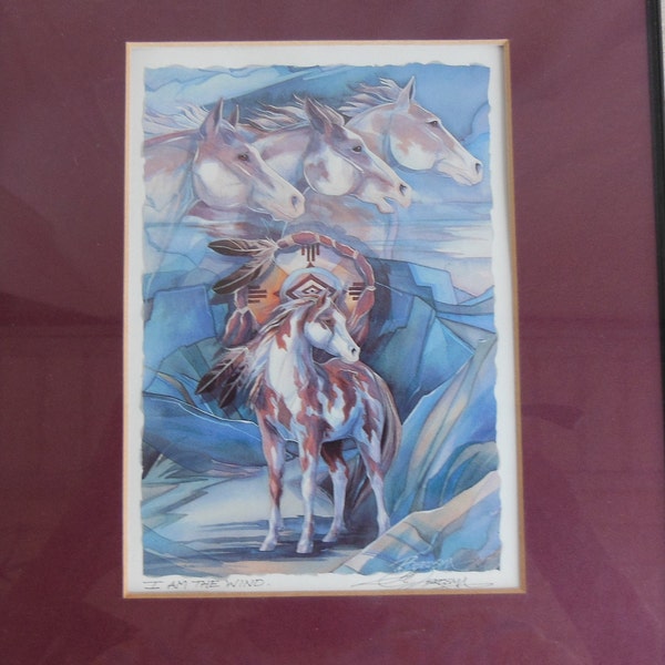 Original Artwork 1990s Jody Bergsma Signed Art Watercolor Painting I Am The Wind Horse Native American Indian Paint Horse Equine