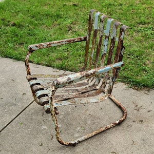 Vintage Cantilever Metal Industrial Lawn Chair Layers of Chippy Paint Yard Art Garden Porch Patio Decor image 4