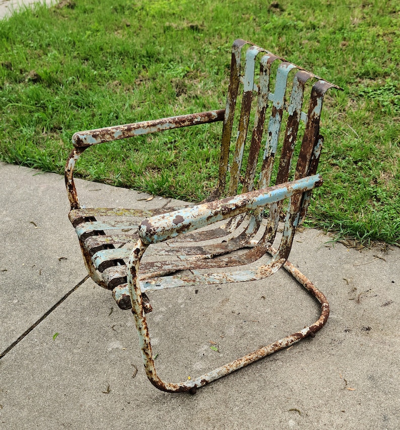 Vintage Cantilever Metal Industrial Lawn Chair Layers of Chippy Paint Yard Art Garden Porch Patio Decor image 4