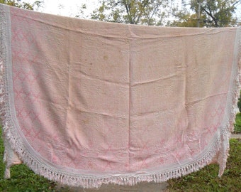 Antique Beautiful Tapestry Damask Pink Bed Cover Blanket with Fringe Heavyweight Bedding Repurpose Fabric Boho Farmhouse Cottage Textile