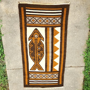 Native Folk Art Wool Hand Woven Rug Tapestry Earth Tones Zapotec Fish Design 2 Available Price is for 1