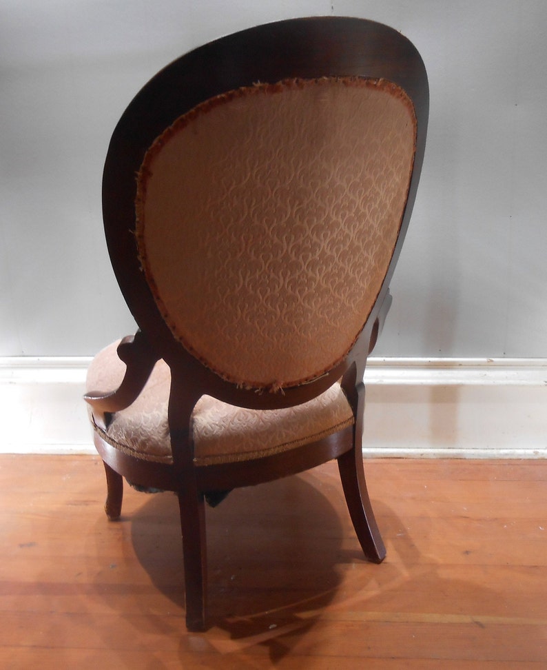 Antique Victorian 19th Century Parlor Chair Ladies Seating Mahogany Wood Boudoir Upholstered Round Back Decorative Accent Entryway Desk image 8