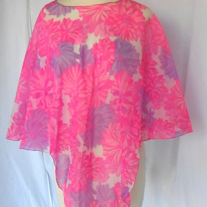 1970s Sheer Blouse Poncho Tunic Pink Purple Flowers Flowing Design image 3