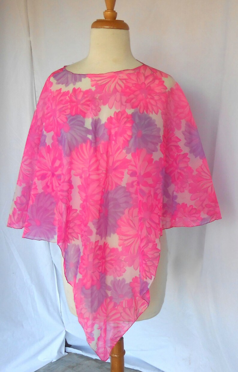 1970s Sheer Blouse Poncho Tunic Pink Purple Flowers Flowing Design image 3