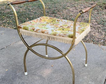 Metal Goldtone Vanity Stool 1970s Upholstery Shipping Not Included
