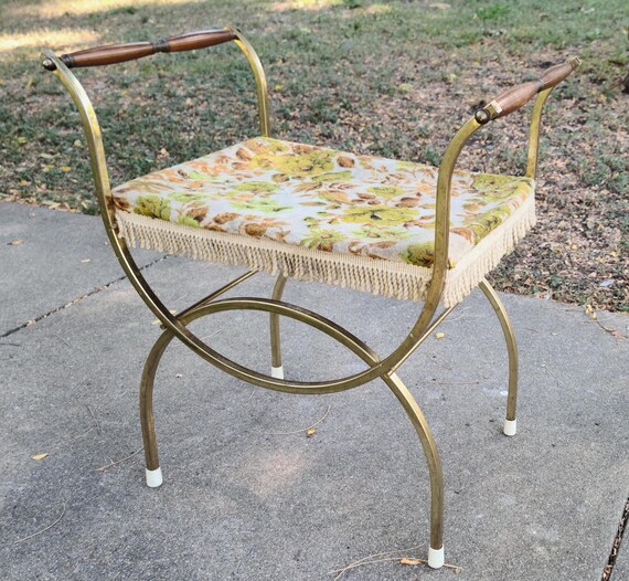 Metal Goldtone Vanity Stool 1970s Upholstery Shipping Not Included