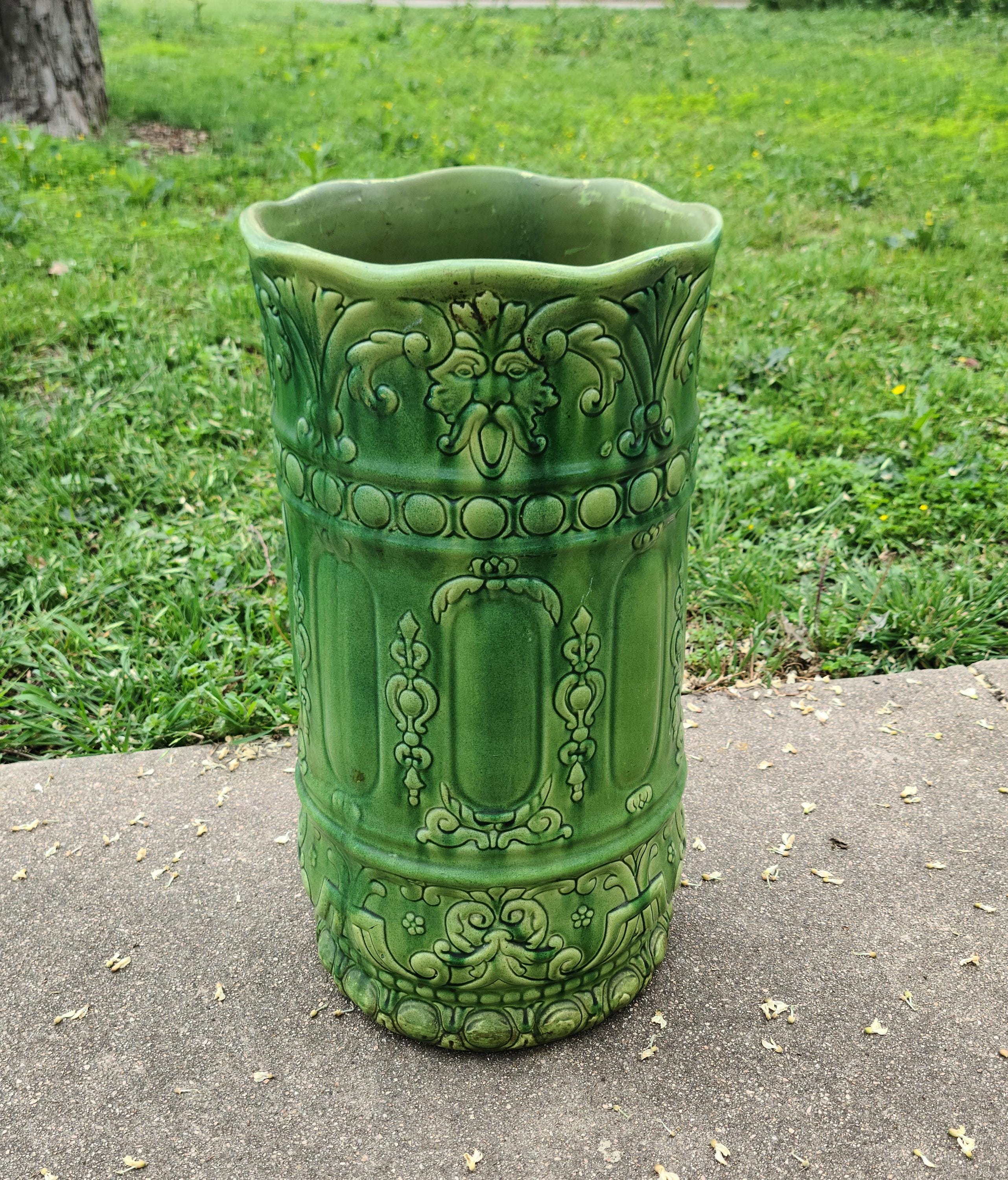 Antique Rare Brush Mccoy Umbrella Stand Green Majolica Art Pottery