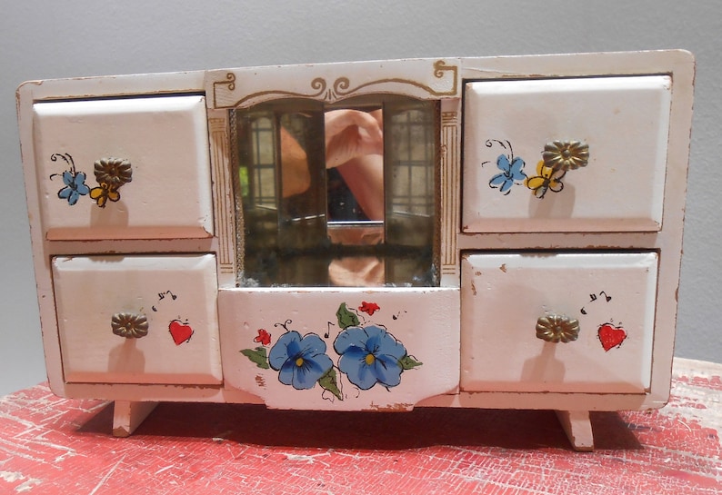 Vintage Hand Painted Jewelry Box 1960s Big Eye Girl Teen Tween Jewel Storage Teenager Bedroom Vanity Decor Wood Wooden Chest Floral Flowers image 2