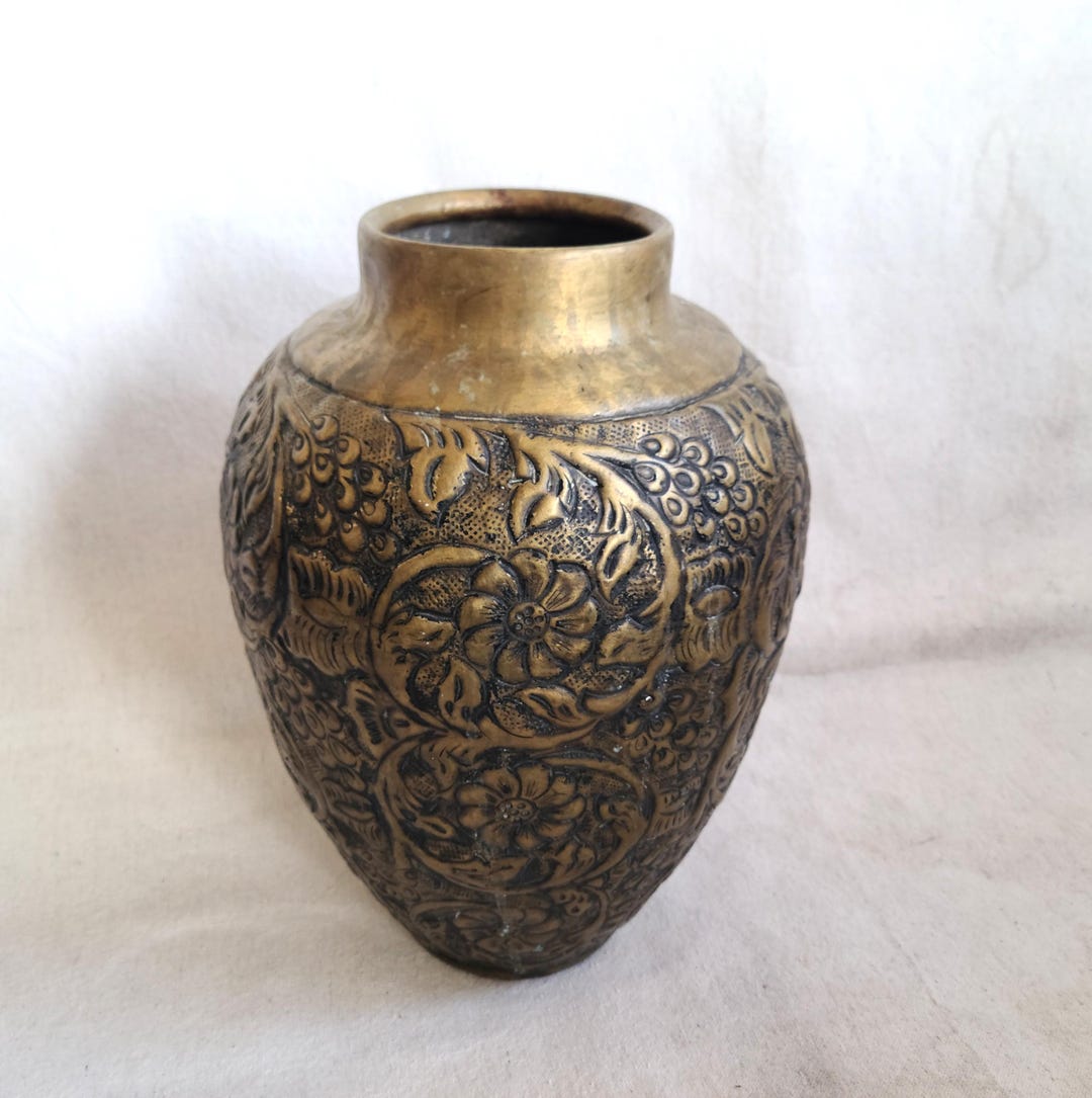 Embossed Repousse Antique Embossed Engraved Repousse Ornate Design Floral Pattern Vase 12 ...