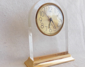 Vintage Lucite & Brass Miniature Mantle Clock