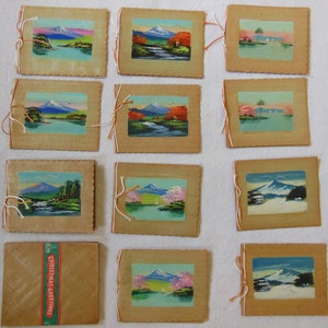 Vintage Authentic 11 Hand Painted Christmas Cards Japanese Fancy Original Box Xmas Holiday Greeting Cards Mount Fuji Original Art Paintings