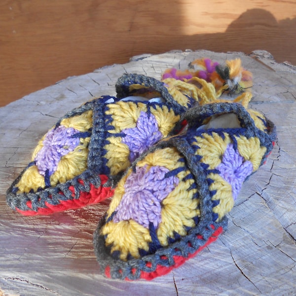 Hand Crocheted Granny Square Childs Toddlers Slippers Cotton Yarn Folk Art Boho Design Kids Footwear
