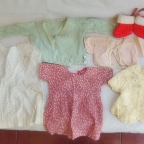 Antique Baby Doll Clothes Medium Size Doll or Newborn Baby Clothing Handmade Baby or Medium/Large Size Dresses Jacket Bonnet Knit Sweaters