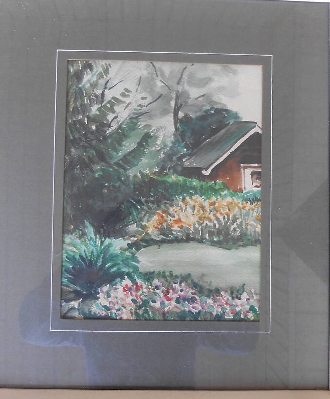 Vintage Original Artwork Watercolor Painting Landscape Flower Garden Signed by Artist Framed Matted Dated 1968 Note by Artist Marie Hawkins