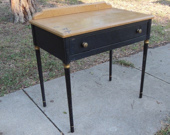 Antique All Metal Industrial Writing Desk Console Table Side Table Nightstand Plant Stand Painted Black Metal Table Drawer Faux Wood Sturdy