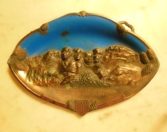 Vintage Bronze Enamel Mt Rushmore Black Hills Souvenir Tray
