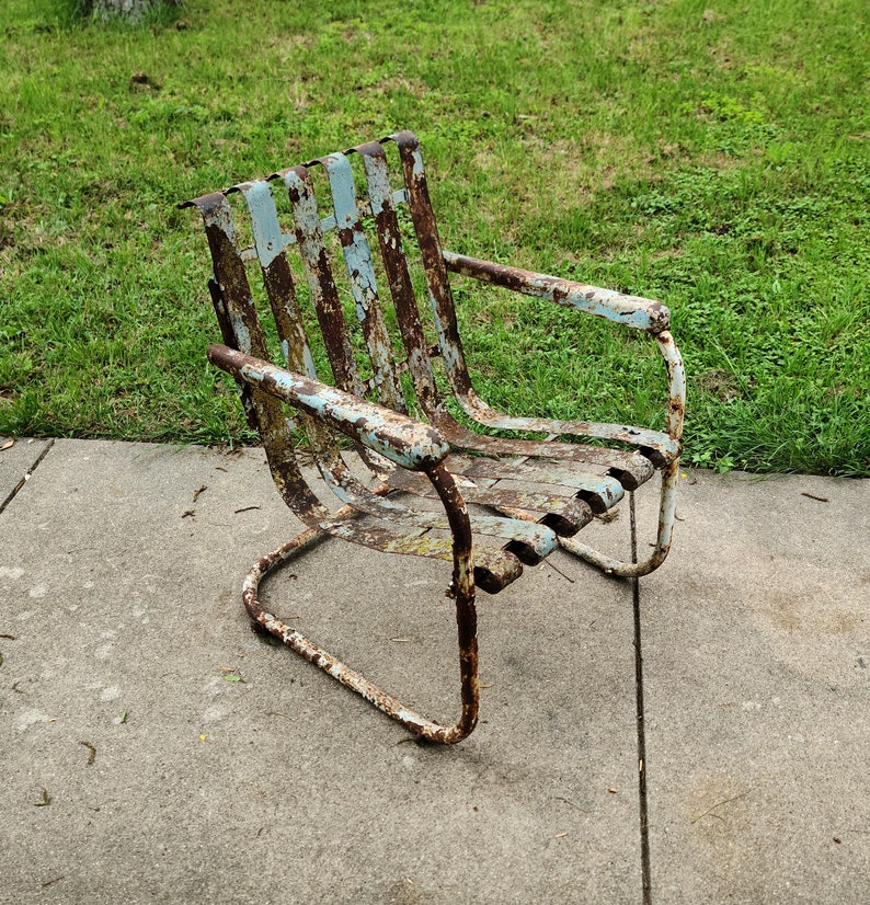 Vintage Cantilever Metal Industrial Lawn Chair Layers of Chippy Paint Yard Art Garden Porch Patio Decor image 10