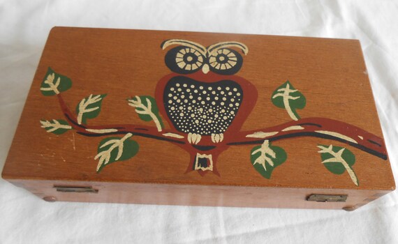Vintage Wood Box Purse with Cool Owl Hand Painted - image 2