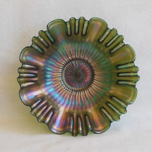 Antique Carnival Glass Iridescent Earth Tones Aurora Blue Green Purple Ruffled Edge Dish Crimped Edge Candy Dish Centerpiece Collectible