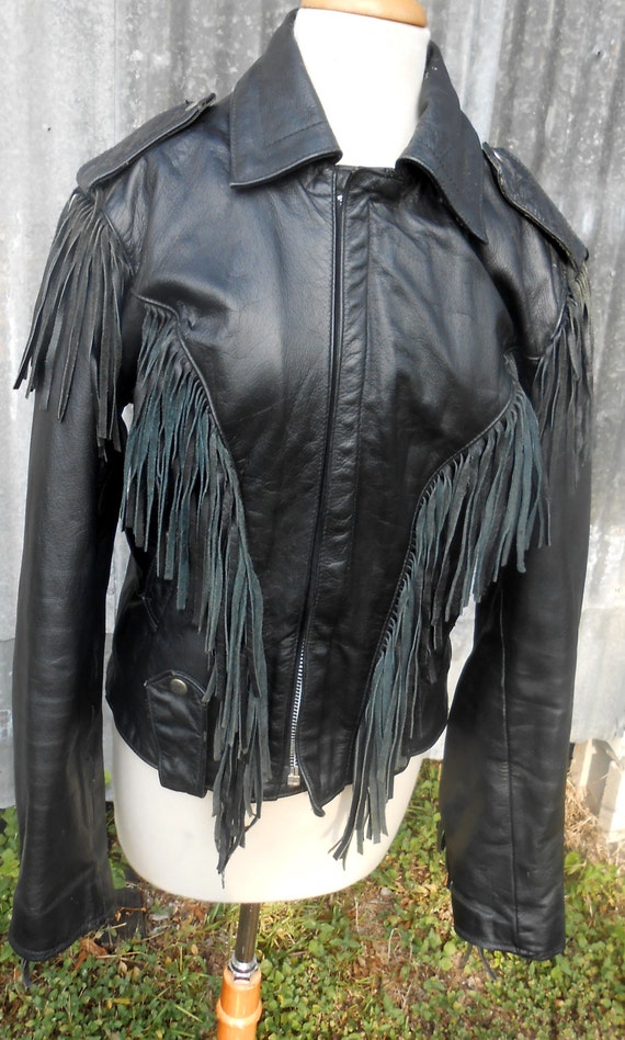 Black Leather Biker Jacket with Fringe - image 5