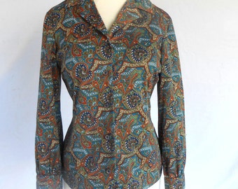 Vintage Paisley Colorful Blouse Polyester Oxford Button Up Front by Ralph Originals Colorful Green Paisley Pattern Top Oxford Style Shirt