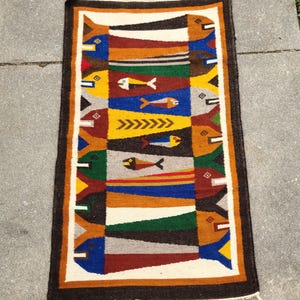 Hand Woven Wool Rug Tapestry Tribal Ethnic Fish Design 26x 46 in Runner