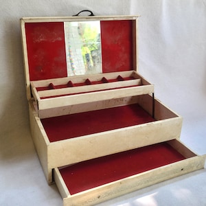 Vintage Jewelry Box 1960s Jewelry Storage with Mirror Red Felt Lining