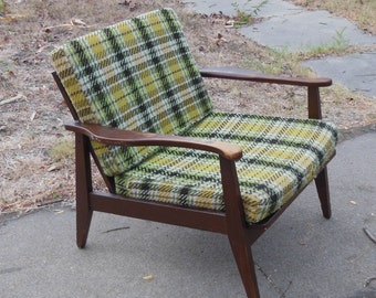 Mid Century Modern Wood Chair Arm Chair Upholstered Cushions 1970s Easy Chair Lounge Chair Atomic Age Style Accent Chair Danish Modern