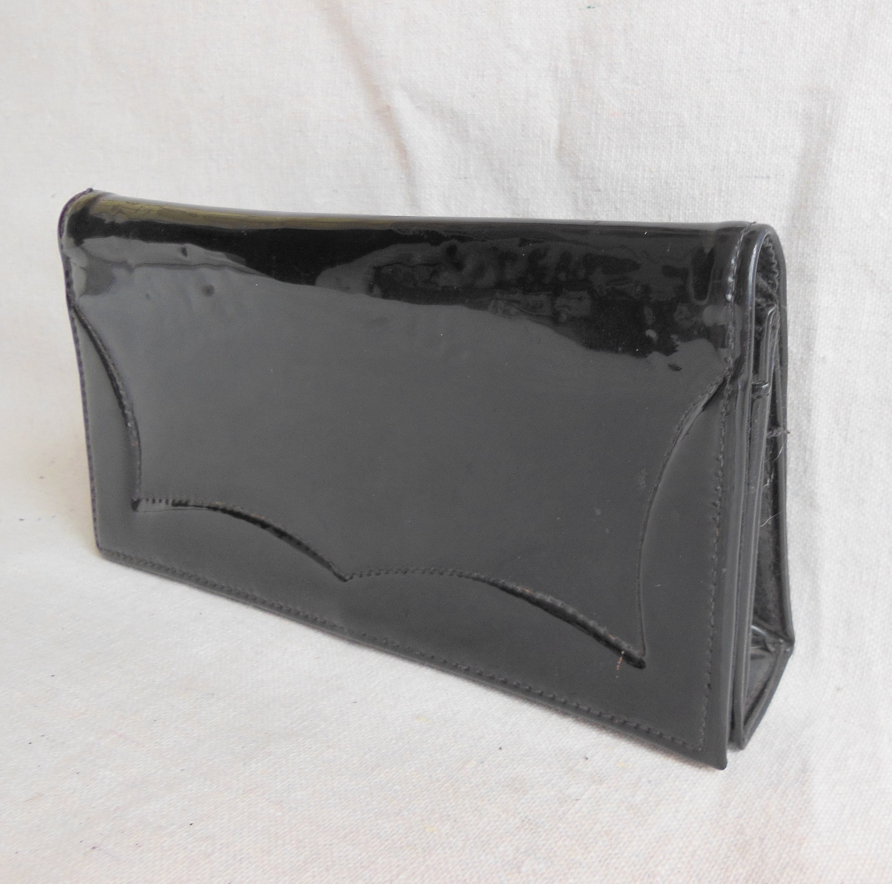 Vintage Black Patent Leather Clutch Evening Bag Formal Shiny Vinyl Party Purse 1950s 1960s Glamour Classic Style Small Mid Century Modern