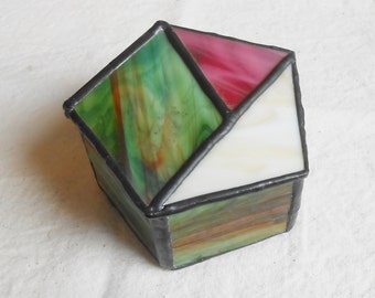 Handmade Stained Glass Storage Box Container Boho Jewelry Trinket Stash Holder Pentagon 5 Sides Ring Box Collectible Art Glass