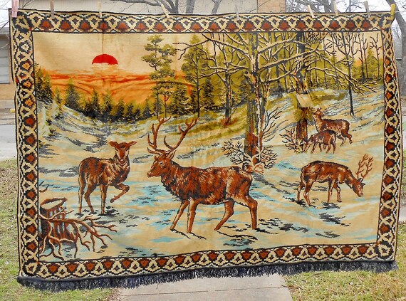 Vintage Large Velvet Tapestry Outdoor Winter Deer Elk Forest | Etsy