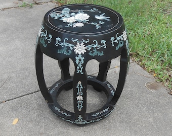 Vintage Wood Wooden Chinese Asian Table Decorative Black Lacquer Painted Bird Design Side Table Plant Stand Foot Stool