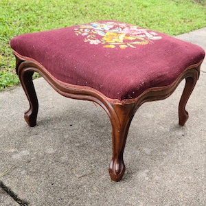 Antique Oak Curvy Leg Footstool with Floral Needlepoint
