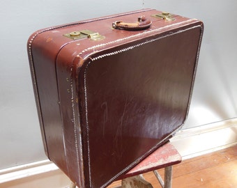 Vintage Leather Maximilian Hard Shell Suitcase High End Luggage Quality Chocolate Brown Leather Red Satin Lining Antique 1940s Travel Case