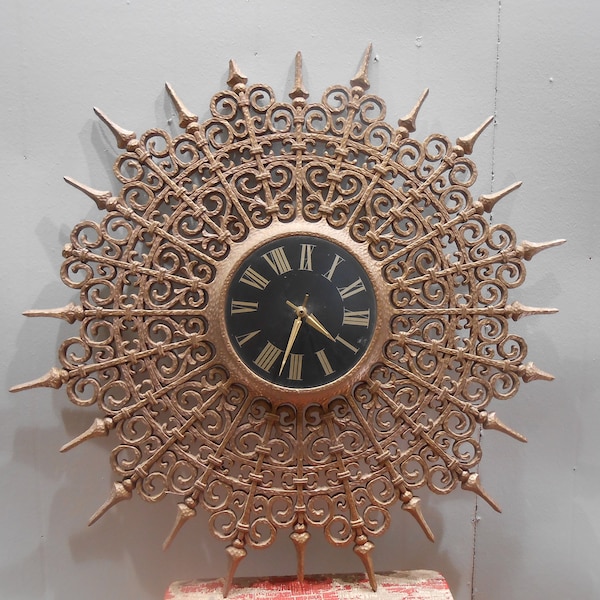 Vintage 26 in Plastic Ornate Starburst Sunburst Hard Plastic Decorative Clock Battery Power Mid Century Modern Atomic Age Wall Hanging Art