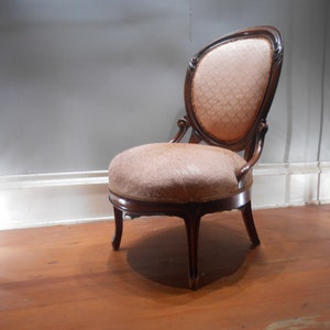Antique Victorian 19th Century Parlor Chair Ladies Seating Mahogany Wood Boudoir Upholstered Round Back Decorative Accent Entryway Desk image 1