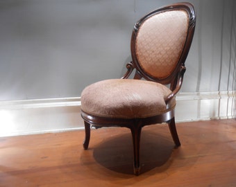 Antique Victorian 19th Century Parlor Chair Ladies Seating Mahogany Wood Boudoir Upholstered Round Back Decorative Accent Entryway Desk