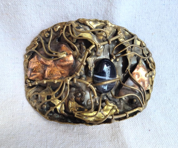 Vintage Handmade Brass Copper Gemstone Belt Buckle