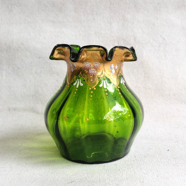 Antique Victorian Era Emerald Green Glass Vase Handpainted Gold Decoration Crimped Scallop Edge Flower Vase