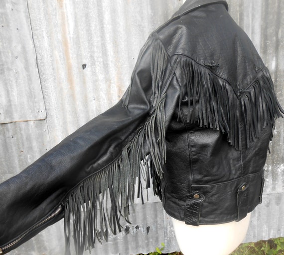 Black Leather Biker Jacket with Fringe - image 4